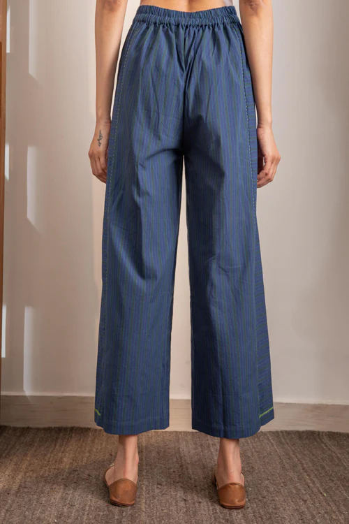 Rangsutra Haveli Blue Striped Handwoven And Hand Embroidered Cotton Palazzo - Image 5