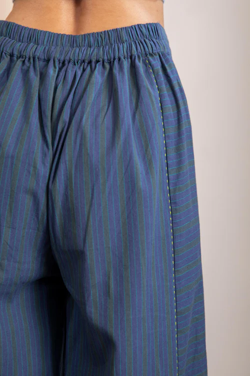 Rangsutra Haveli Blue Striped Handwoven And Hand Embroidered Cotton Palazzo - Image 6