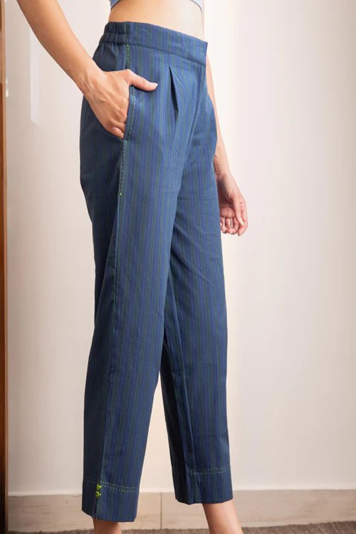 Rangsutra Haveli Blue Striped Handwoven And Hand Embroidered Cotton Straight Fit Pant - Image 2