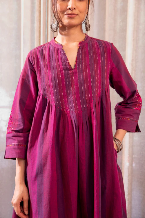 Rangsutra Haveli Soof Violet Hand Embroidered Pintuck Dress - Image 2