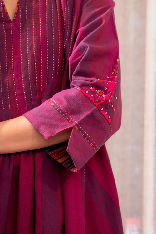 Rangsutra Haveli Soof Violet Hand Embroidered Pintuck Dress - Image 3