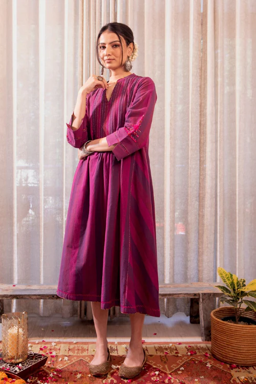 Rangsutra Haveli Soof Violet Hand Embroidered Pintuck Dress - Image 5