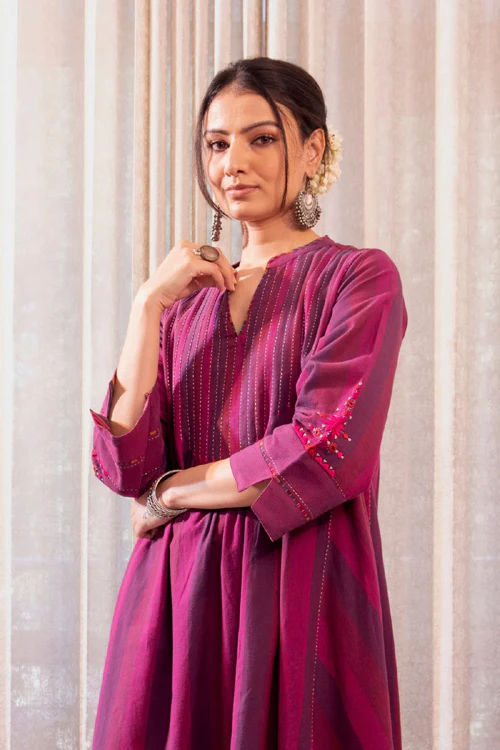 Rangsutra Haveli Soof Violet Hand Embroidered Pintuck Dress - Image 6