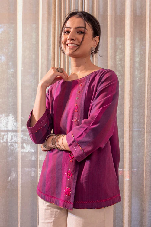 Rangsutra Haveli Soof Violet Hand Embroidered Top - Image 4