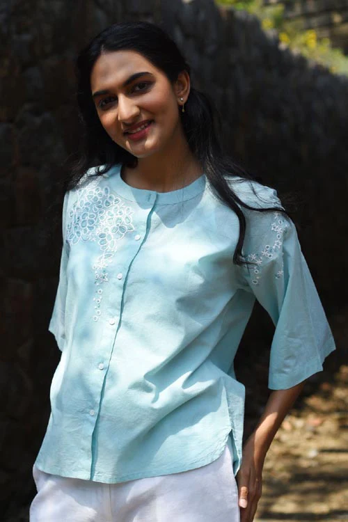 Rangsutra Nargis Blue Kashmiri Crewel Hand Embroidered Cotton Top. - Image 3