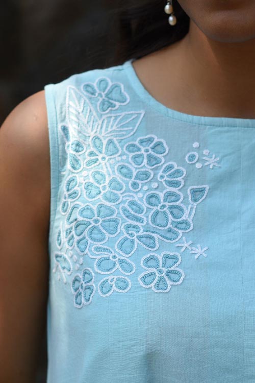 Rangsutra Nargis Blue Kashmiri Crewel Hand Embroidered Long Cotton Dress - Image 3