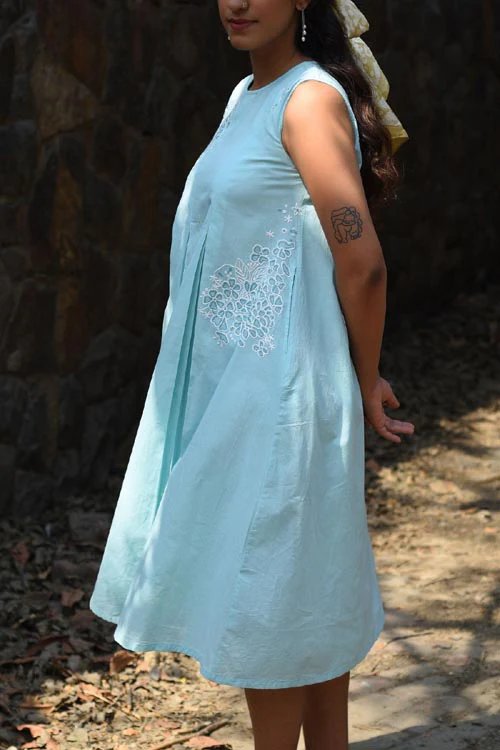 Rangsutra Nargis Blue Kashmiri Crewel Hand Embroidered Long Cotton Dress - Image 4