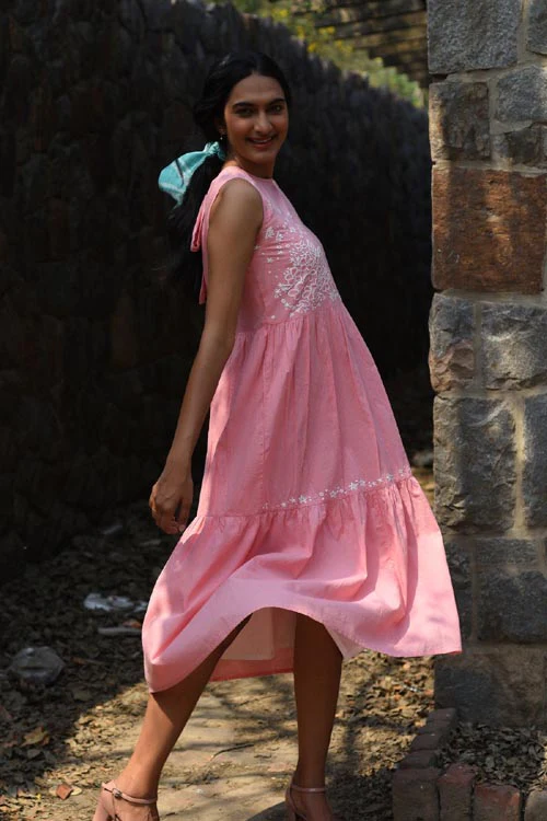 Rangsutra Nargis Pink Kashmiri Crewel Hand Embroidered Long Cotton Dress - Image 3