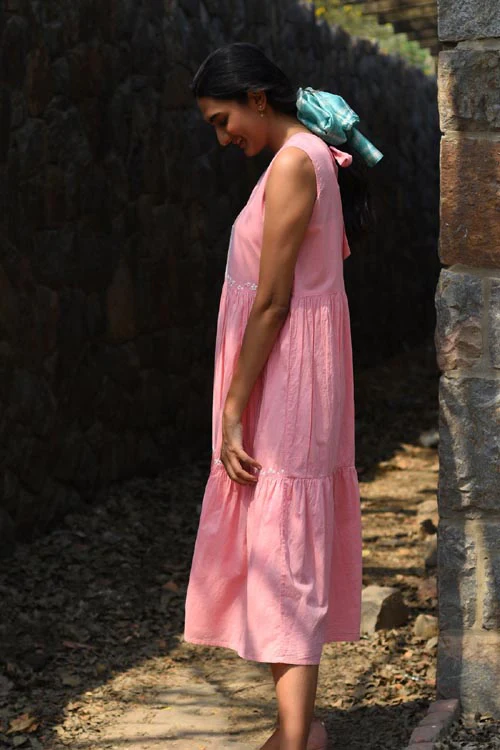 Rangsutra Nargis Pink Kashmiri Crewel Hand Embroidered Long Cotton Dress - Image 4