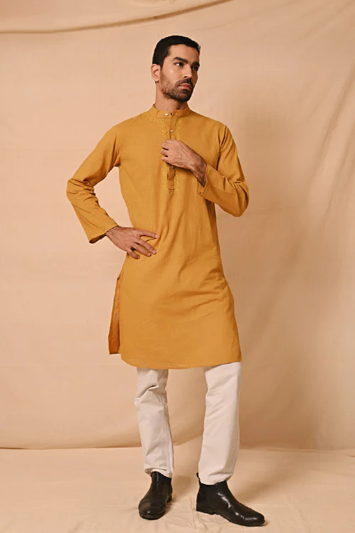 Rangsutra Ronav Mustard Chikankari Embroidered Long Kurta - Image 3