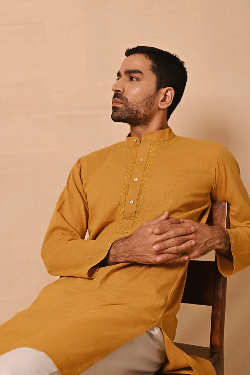Rangsutra Ronav Mustard Chikankari Embroidered Long Kurta - Image 4