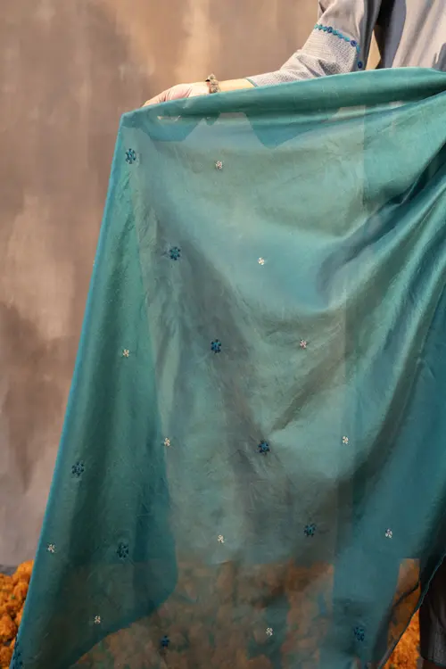 Rangsutra Ruhani Deep Teal Chanderi Dupatta With Soof Hand Embroidery - Image 2