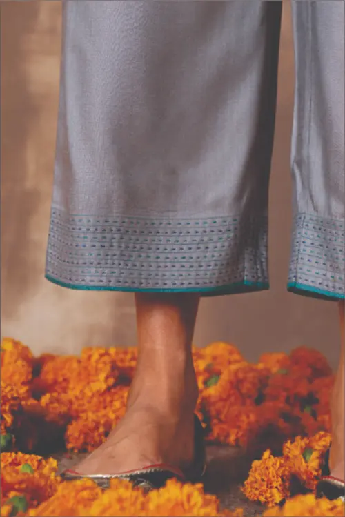 Rangsutra Ruhani Grey Straight-Fit Cotton Silk Pant With Soof Hand Embroidery - Image 3