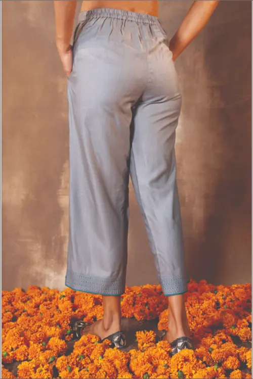 Rangsutra Ruhani Grey Straight-Fit Cotton Silk Pant With Soof Hand Embroidery - Image 4