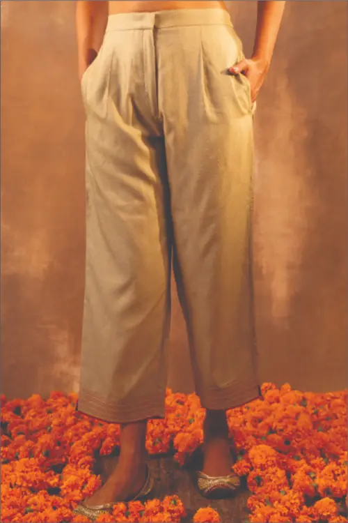 Rangsutra Ruhani Sage Green Straight Fit Cotton Silk Pant With Pakka Hand Embroidery - Image 2