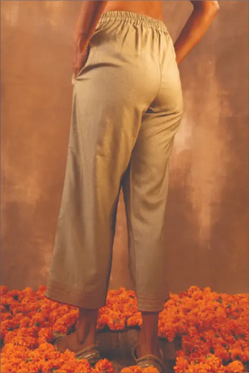 Rangsutra Ruhani Sage Green Straight Fit Cotton Silk Pant With Pakka Hand Embroidery - Image 4