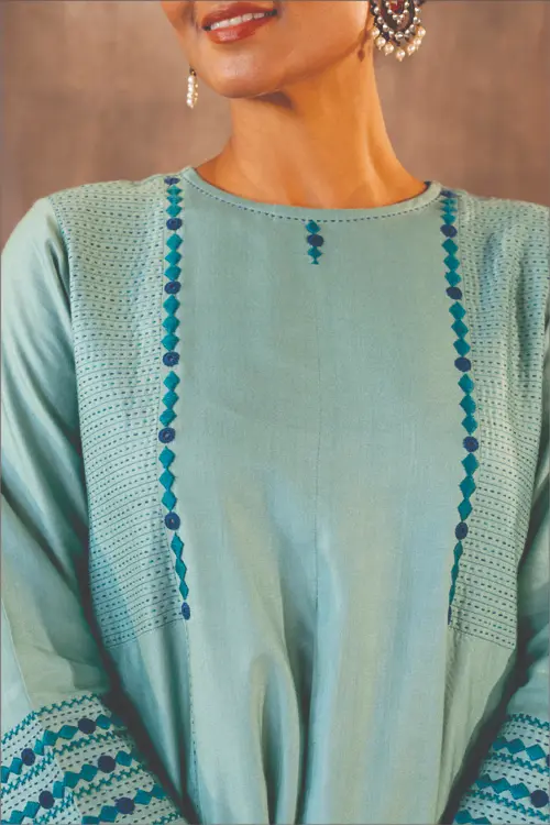 Rangsutra Ruhani Teal A-line Cotton Silk Kurta With Soof Hand Embroidery - Image 5