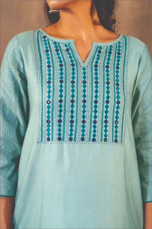 Rangsutra Ruhani Teal Flared Cotton Silk Kurta With Soof Hand Embroidery - Image 4