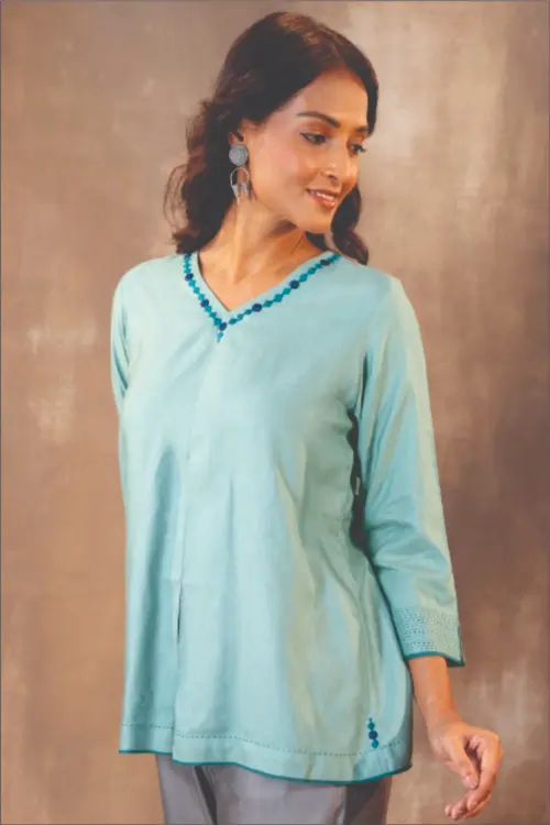 Rangsutra Ruhani Teal Regular Fit Cotton Silk Top With Soof Hand Embroidery - Image 2