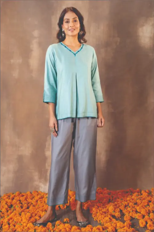 Rangsutra Ruhani Teal Regular Fit Cotton Silk Top With Soof Hand Embroidery - Image 3