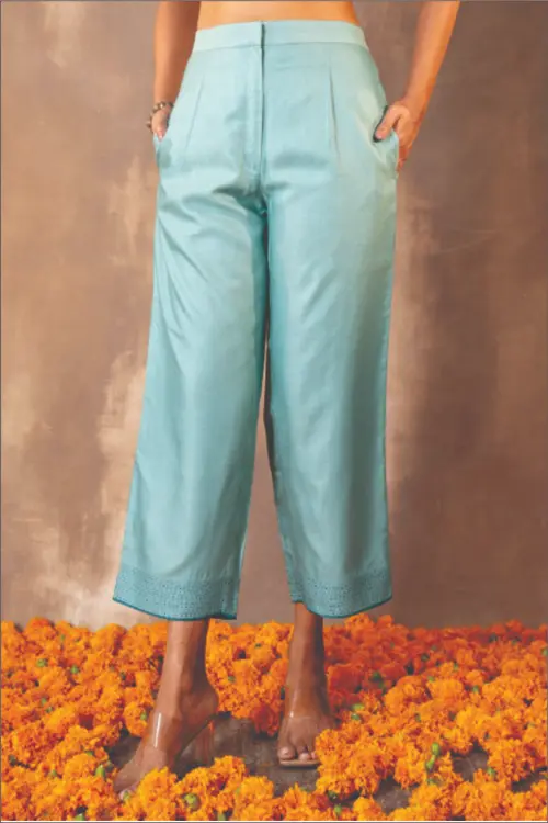 Rangsutra Ruhani Teal Straight-Fit Cotton Silk Pant With Soof Hand Embroidery - Image 2