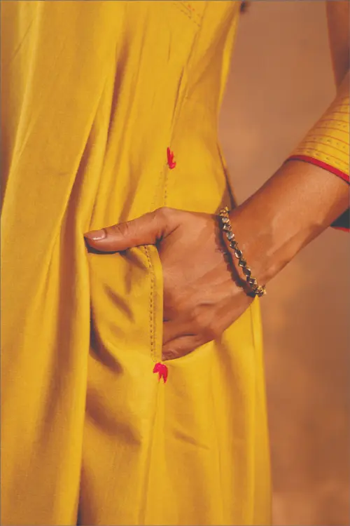 Rangsutra Ruhani Yellow Pleated Cotton Silk Kurta With Pakka Hand Embroidery - Image 3
