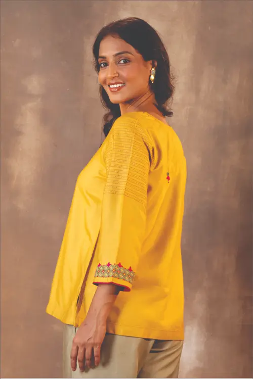 Rangsutra Ruhani Yellow Regular Fit Cotton Silk Top With Pakka Hand Embroidery - Image 3