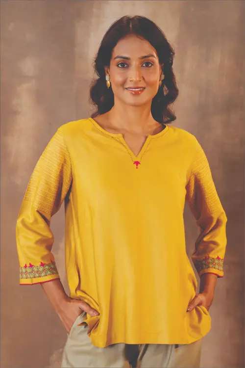 Rangsutra Ruhani Yellow Regular Fit Cotton Silk Top With Pakka Hand Embroidery - Image 4
