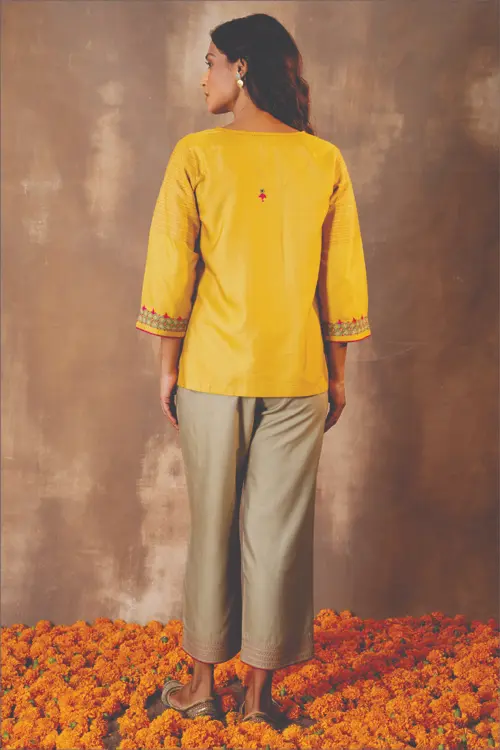 Rangsutra Ruhani Yellow Regular Fit Cotton Silk Top With Pakka Hand Embroidery - Image 5