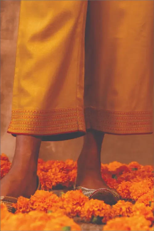 Rangsutra Ruhani Yellow Straight Fit Cotton Silk Pant With Pakka Hand Embroidery - Image 2