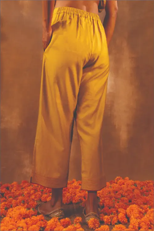 Rangsutra Ruhani Yellow Straight Fit Cotton Silk Pant With Pakka Hand Embroidery - Image 3