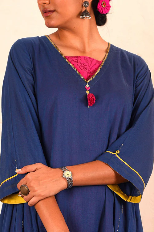 Rangsutra Saheli Double Layer Hand Embroidered Blue Mulmul Cotton Kurta Dress With Printed Pink Slip - Image 2