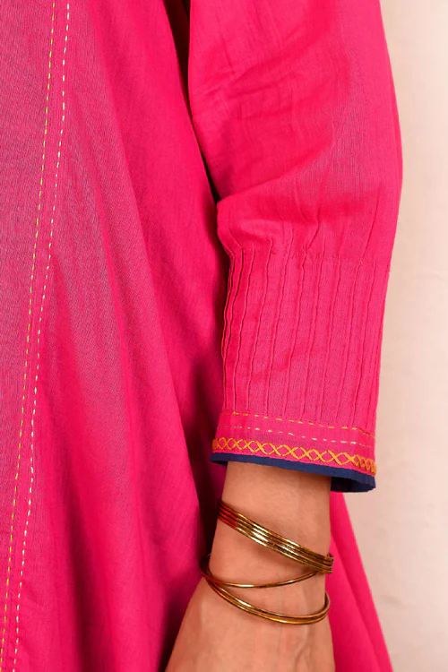 Rangsutra Saheli Double Layer Hand Embroidered Pink Mulmul Cotton Kurta Dress With Printed Beige Slip - Image 10