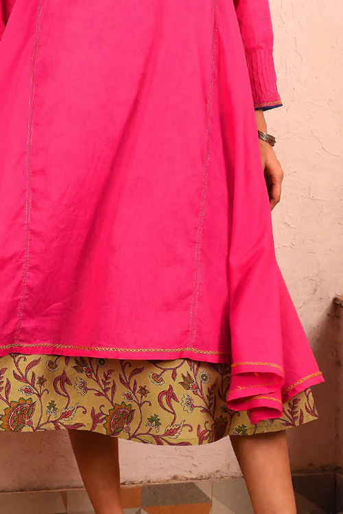 Rangsutra Saheli Double Layer Hand Embroidered Pink Mulmul Cotton Kurta Dress With Printed Beige Slip - Image 3
