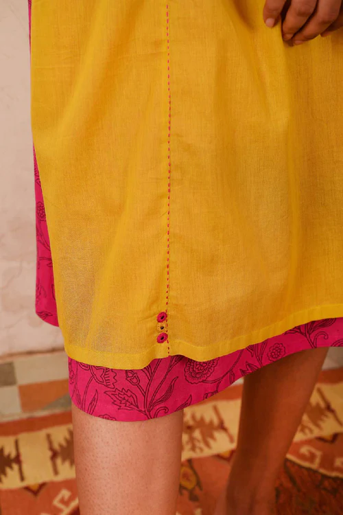 Rangsutra Saheli Double Layer Hand Embroidered Yellow Mulmul Cotton Kurta Dress With Printed Pink Slip - Image 7
