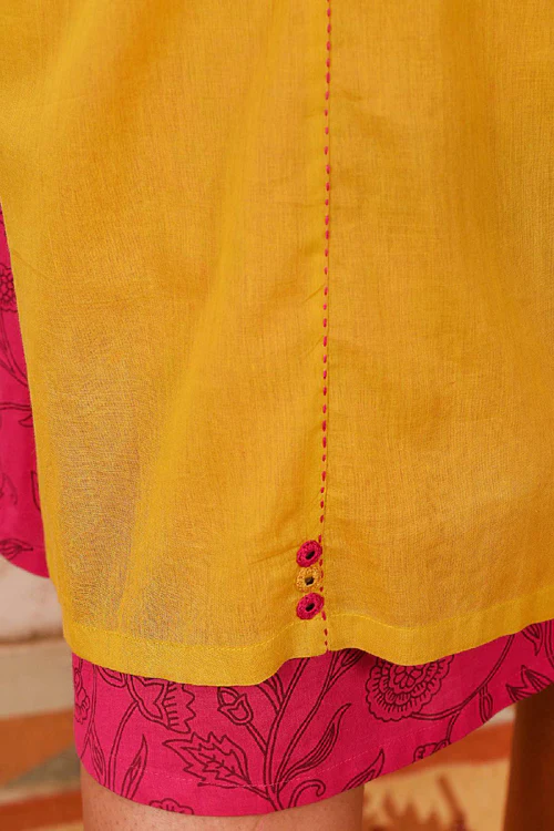 Rangsutra Saheli Double Layer Hand Embroidered Yellow Mulmul Cotton Kurta Dress With Printed Pink Slip - Image 8