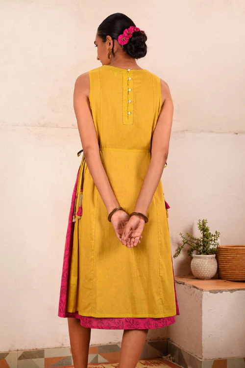 Rangsutra Saheli Double Layer Hand Embroidered Yellow Mulmul Cotton Kurta Dress With Printed Pink Slip - Image 9