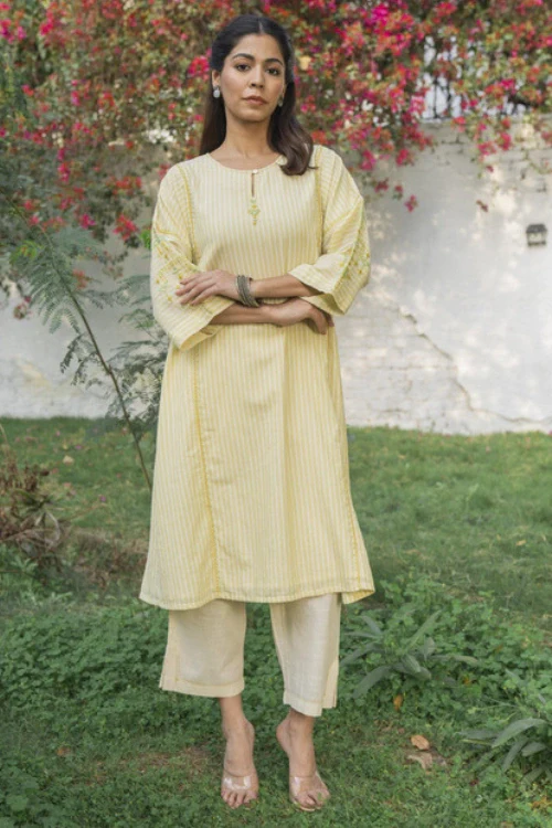 Rangsutra Suhani Cream Striped Cotton Kurta Cum Dress With Soof Hand Embroidery - Image 3