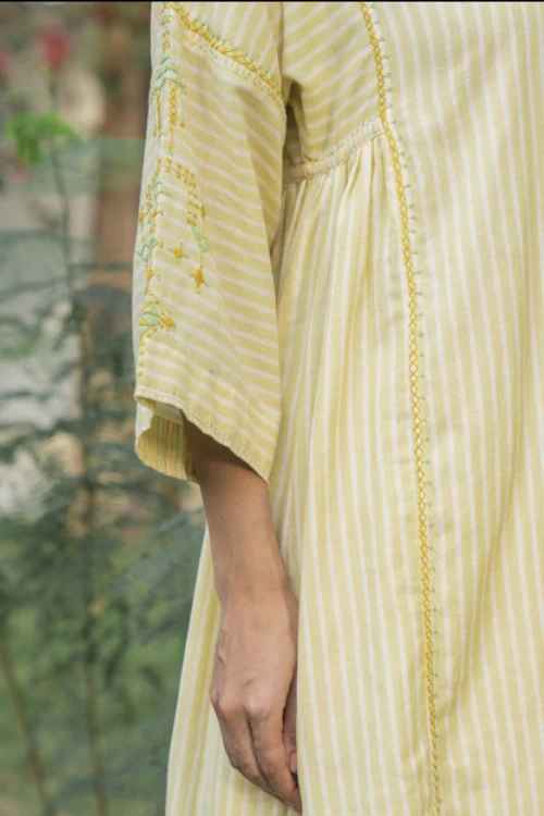 Rangsutra Suhani Cream Striped Cotton Kurta Cum Dress With Soof Hand Embroidery - Image 6