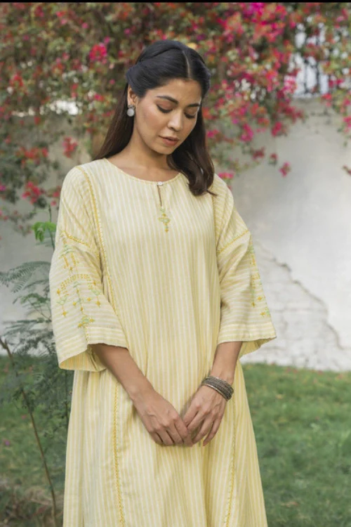 Rangsutra Suhani Cream Striped Cotton Kurta Cum Dress With Soof Hand Embroidery - Image 7