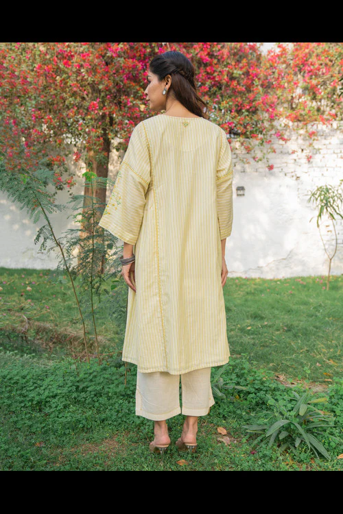 Rangsutra Suhani Cream Striped Cotton Kurta Cum Dress With Soof Hand Embroidery - Image 8