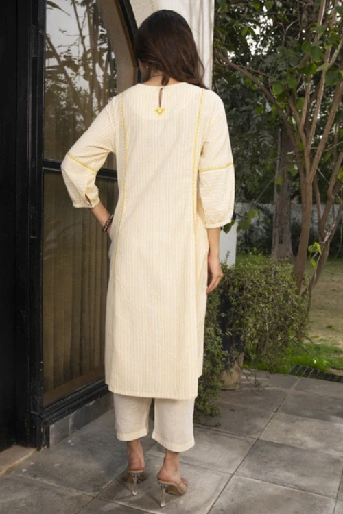 Rangsutra Suhani Cream Striped Cotton Kurta With Soof Hand Embroidery - Image 7