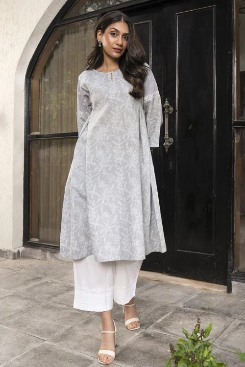 Rangsutra Suhani Grey Flared Cotton Kurta Cum Dress With Chikankari Hand Embroidery - Image 3