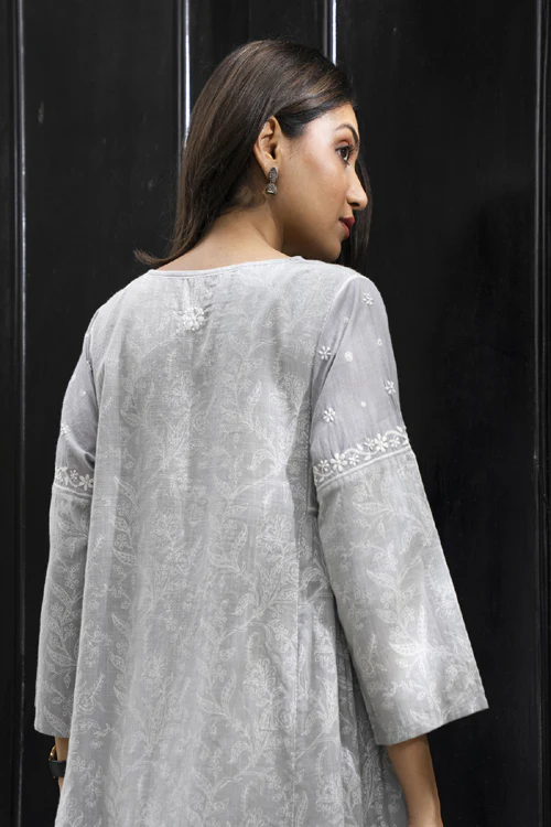 Rangsutra Suhani Grey Flared Cotton Kurta Cum Dress With Chikankari Hand Embroidery - Image 8