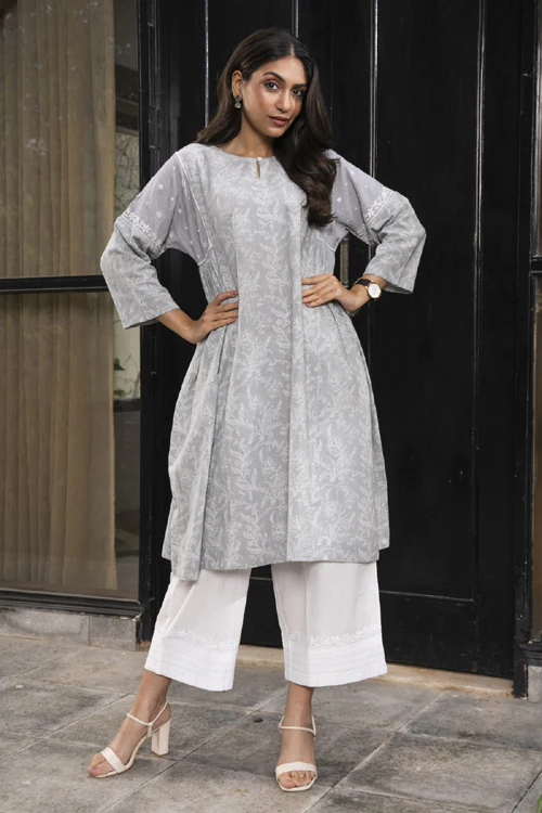 Rangsutra Suhani Grey Flared Cotton Kurta Cum Dress With Chikankari Hand Embroidery - Image 9
