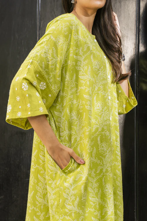 Rangsutra Suhani Lime Boxy-Fit Cotton Dress With Chikankari Hand Embroidery - Image 7