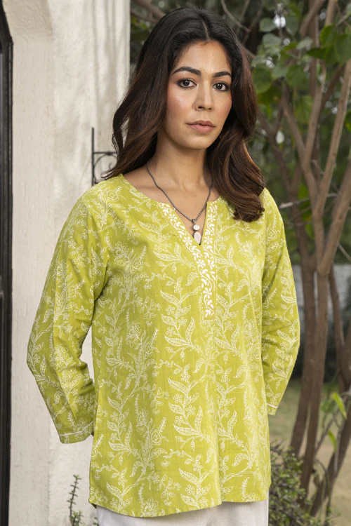 Rangsutra Suhani Lime Straight-Fit Cotton Top With Chikankari Hand Embroidery