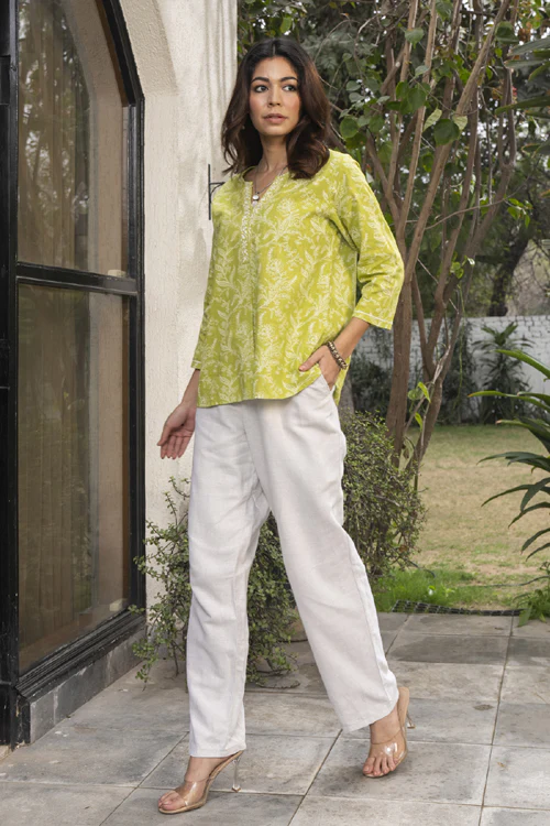 Rangsutra Suhani Lime Straight-Fit Cotton Top With Chikankari Hand Embroidery - Image 3
