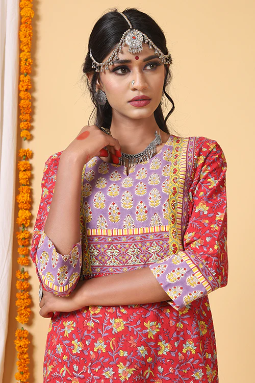 Shuddhi Red and Yellow Handblock Printed kurta with Kota Duppatta - Image 2