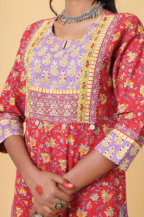 Shuddhi Red and Yellow Handblock Printed kurta with Kota Duppatta - Image 3
